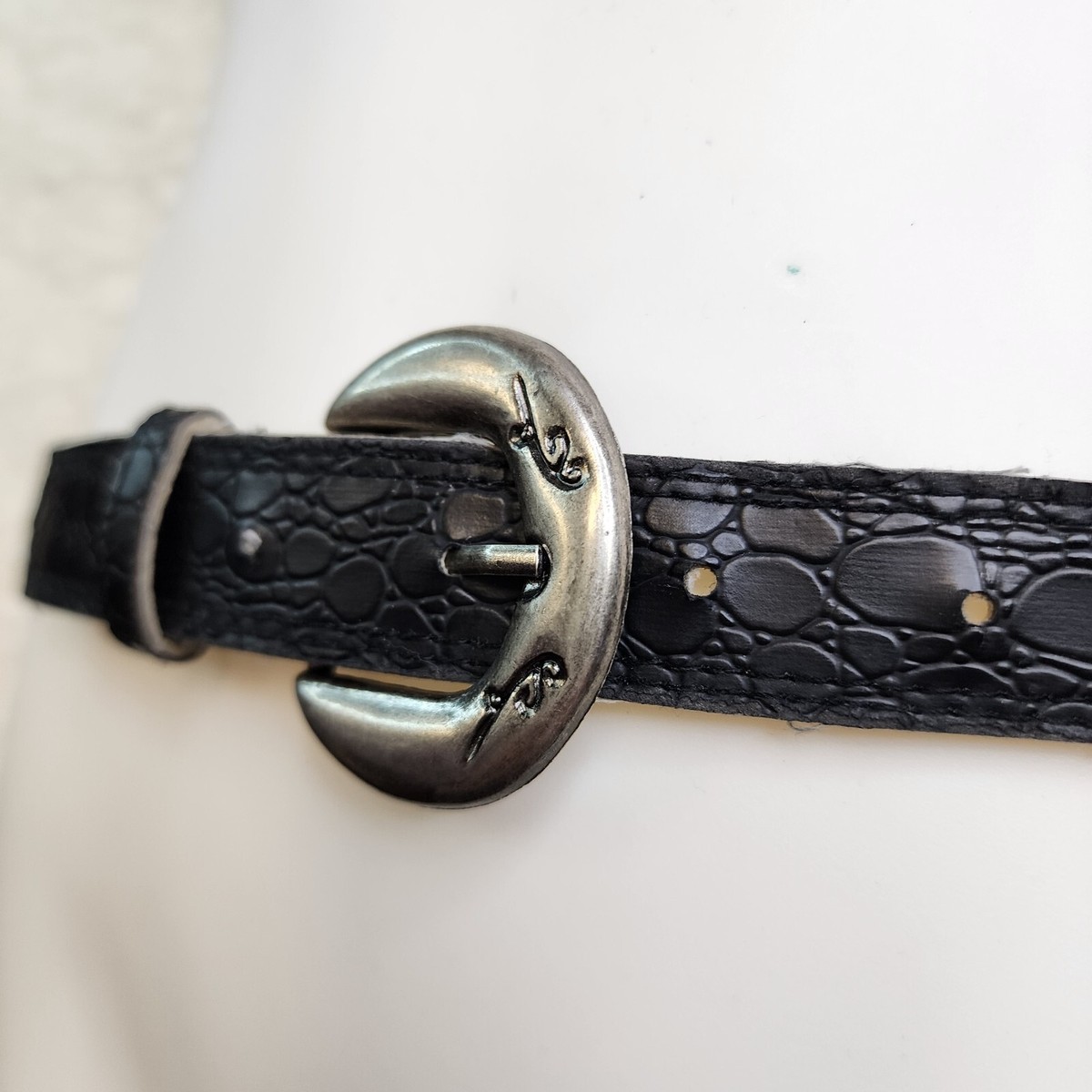 Vintage Pebbled Leather Belt Black Silver Hardwear Adjustable Old