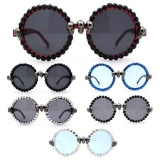 Rhinestone Death Metal Skull Trim Round Circle Lens Plastic Sunglasses