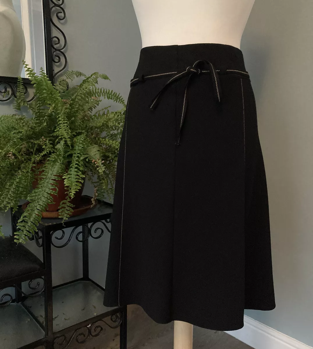 M S Size 16 Black Knee Length Flared Skirt Belted Soft Lightweight Classic Fit