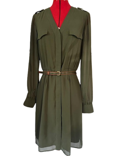 Catherine Malandrino Olive Army Green Shirt Dress Sheer Sleeves & Belt Blouson 4 - 第 1/14 張圖片