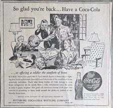 1945 newspaper ad for Coca-Cola - Glad you're back, soldier at home, WW2 ad