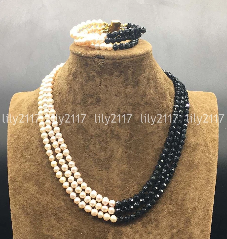Juego de pulsera collar chispeante facetado de ónix negro perla de agua dulce blanca de 3 filas Foto 3 de 3
