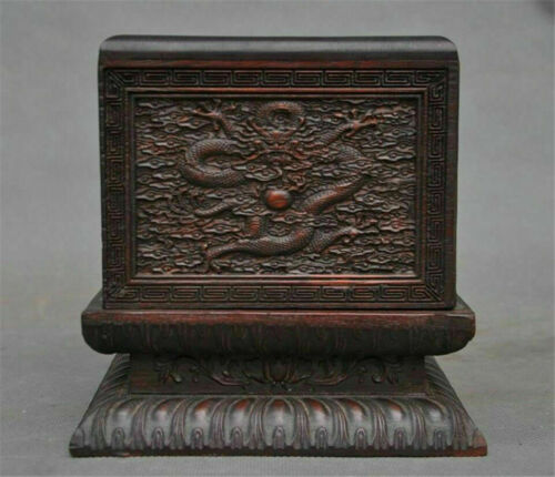 Caja de sellos antiguos de 5 dragones tallados a mano de madera china Huanghuali de 6" - Imagen 4 de 12