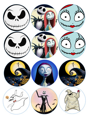 12 Nightmare Before Christmas edible wafer paper image rounds, pre cut
