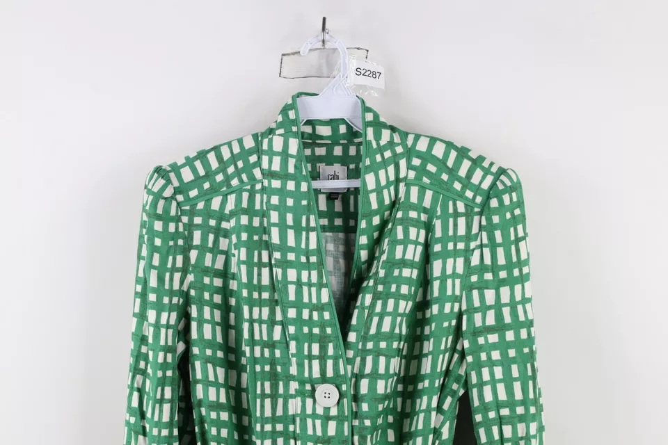 New Cabi Womens Size Medium Belted Circuit Full Button Jacket Coat Green Plaid - Image 2 of 4
