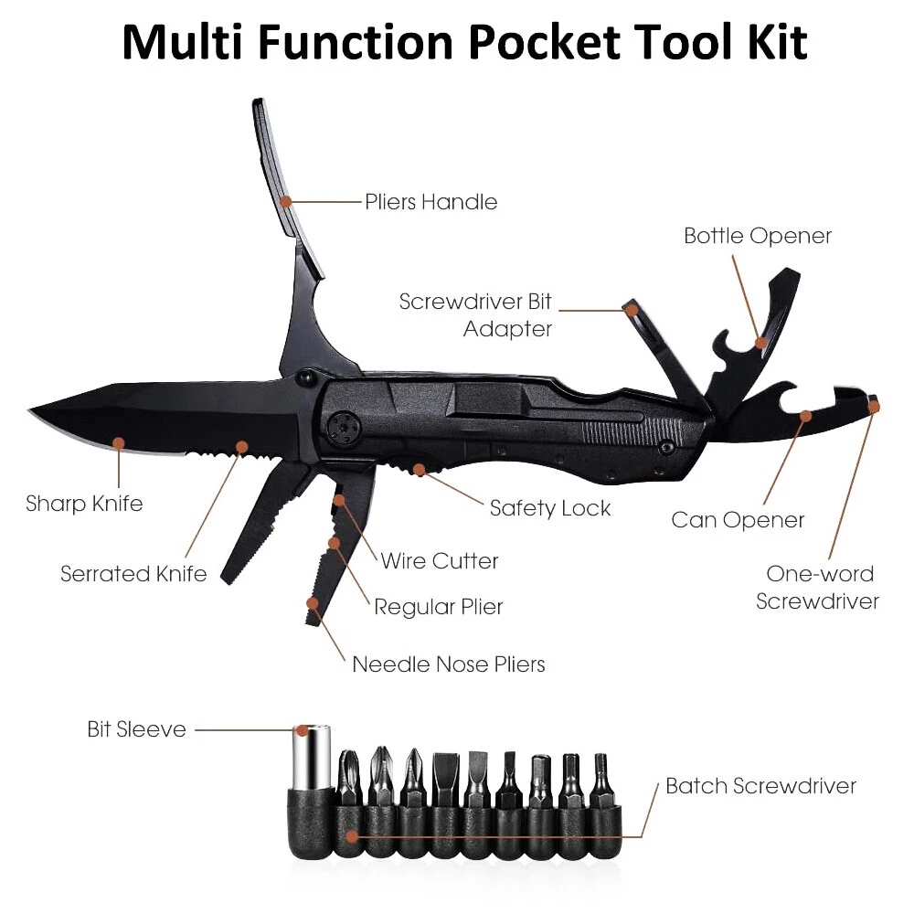 Multi Tool Knife 18-in-1 Outdoor Survival Compact Folding Pocket Pliers w/ Bits