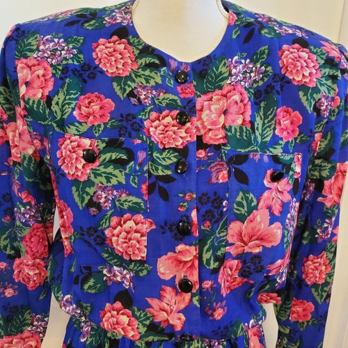 Vintage 80s Blouson Floral Longsleeve Secretary Dress Pockets Blue Sz Small - Picture 2 of 8