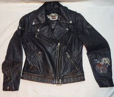 Harley Davidson Women’s Small Black Leather Motorcycle Jacket Embroidered