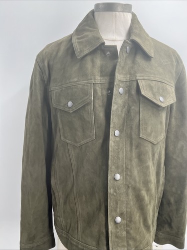 Cole Haan Men's Long Sleeve Button Olive Green Suede Trucker Jacket Size Medium - Picture 6 of 21