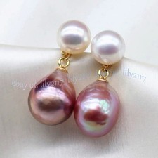 Aretes colgantes naturales de perlas barrocas rosa púrpura con perlas blancas de agua dulce