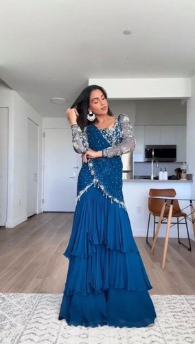 Blue Ruffle Ready To Wear Faux Georgette Lehenga Saree, Reception Party Saree - Picture 2 of 9
