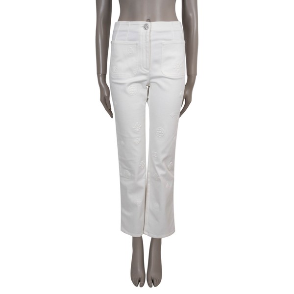 74088 authentisch CHANEL weiß Baumwolle 21P LOGO GEPRÄGT GERADE Jeans Hose 36 XS