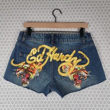 Ed Hardy Blue Denim Cutoff Jean Shorts Womens Size M Screaming Tiger Y2K EUC