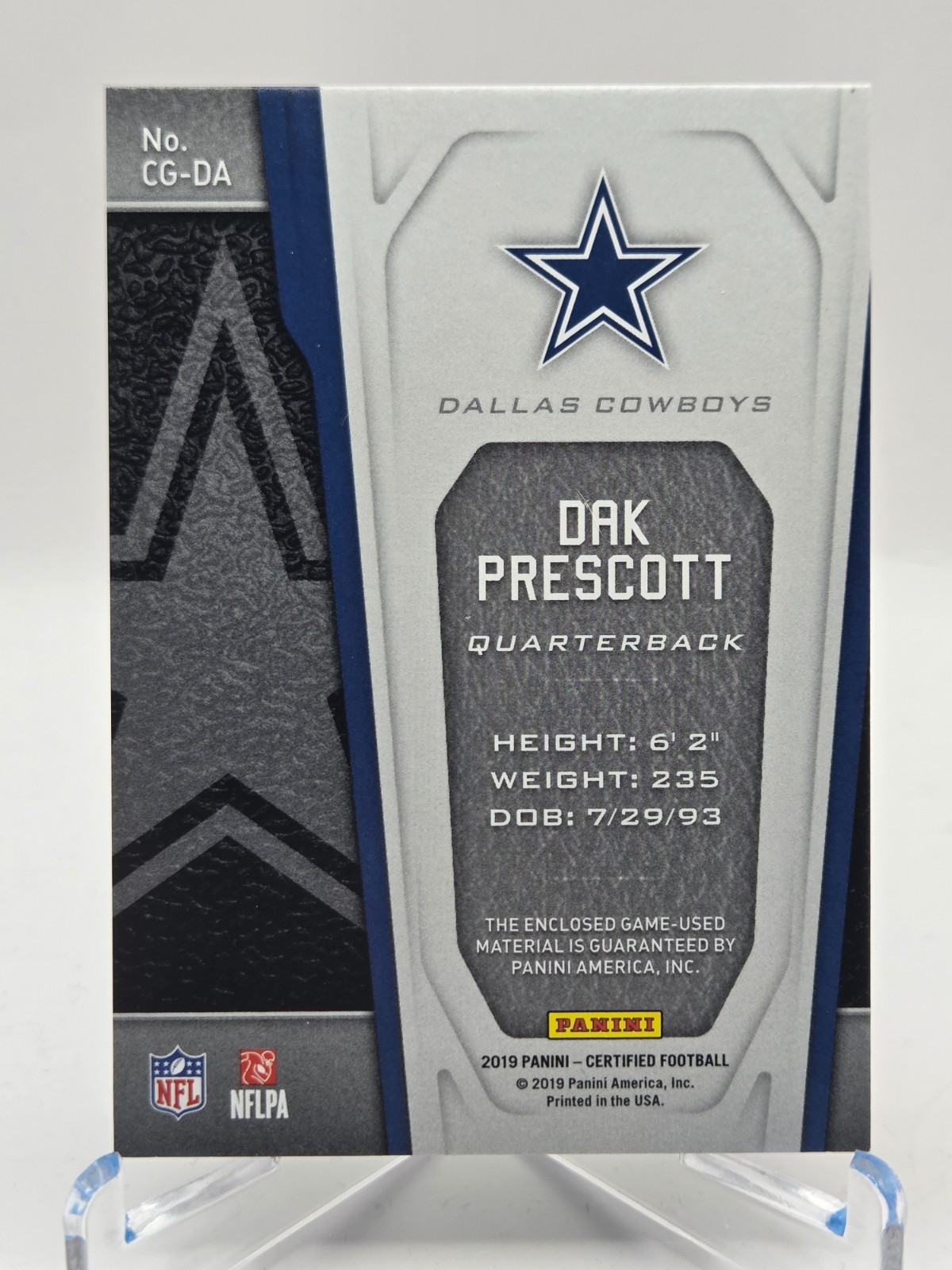 2019 Panini Certified Dak Prescott Certified Gamers Jerseys /50 #CG-DA Game Used view 2