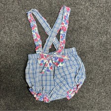Vintage Hopscotch Gingham Baby Girl Bubble Romper Floral Bow Ruffles Blue 18M