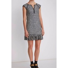 Nanette Lepore Black White Tweed Fringe Shift Dress Sz6 Striped VNeck Cap Sleeve