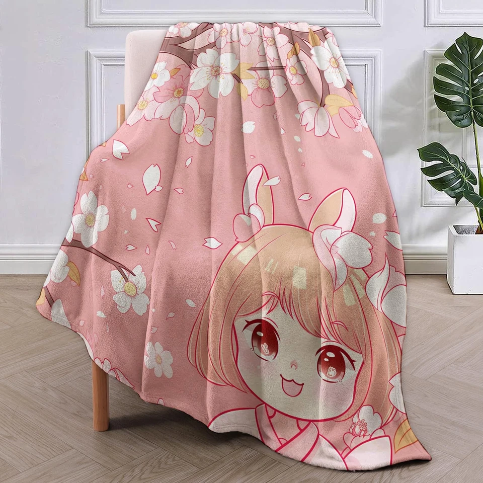 Flor de cerezo y linda manta de franela para niña de anime, rosa floral suave blanco claro... Foto 2 de 4