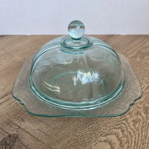 Vintage Teal Aqua Indiana Glass Federal Madrid Pattern Butter Dish Recollection
