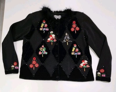 Vtg Womens Sz L Jack B. Quick Christmas Trees Holiday Cardigan Ugly Sweater