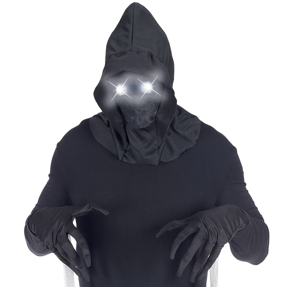 Schwarze Kapuzenmaske Gevatter Tod Grüne LED-Leuchtaugen Halloween Todesengel