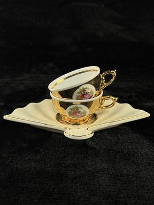 Bondware Kaffeetassen & Tablett in Fächerform 24K Gold Chokin Art Japan Tasse & Untertasse