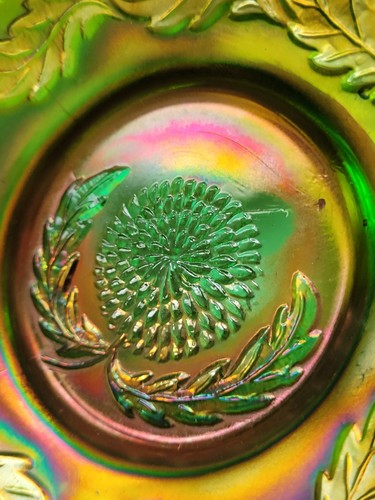 Nice Fenton Green Carnival Glass Ten Mums Pattern CRE Edge Bowl - Picture 11 of 21