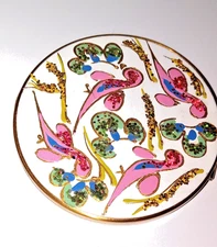 Vintage Wand Art Powder Mirror Compact Enamel Lid Bird & Floral Design Gold