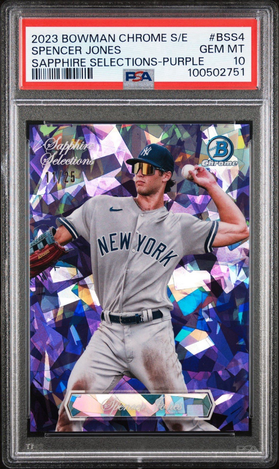 Topps 2023 Bowman Chrome Sapphire Spencer Jones Yankees BSS-4 Purple /25 PSA 10 view 2