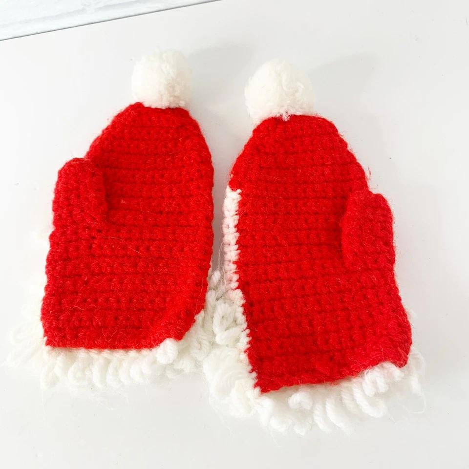 Handmade Knit Santa Mittens Kids Ages 3-4 Red Knitted Christmas - Image 2 of 4