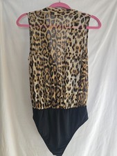 Love J Tan Black Leopard Low V Neck Bodysuit Stretchy, Size L