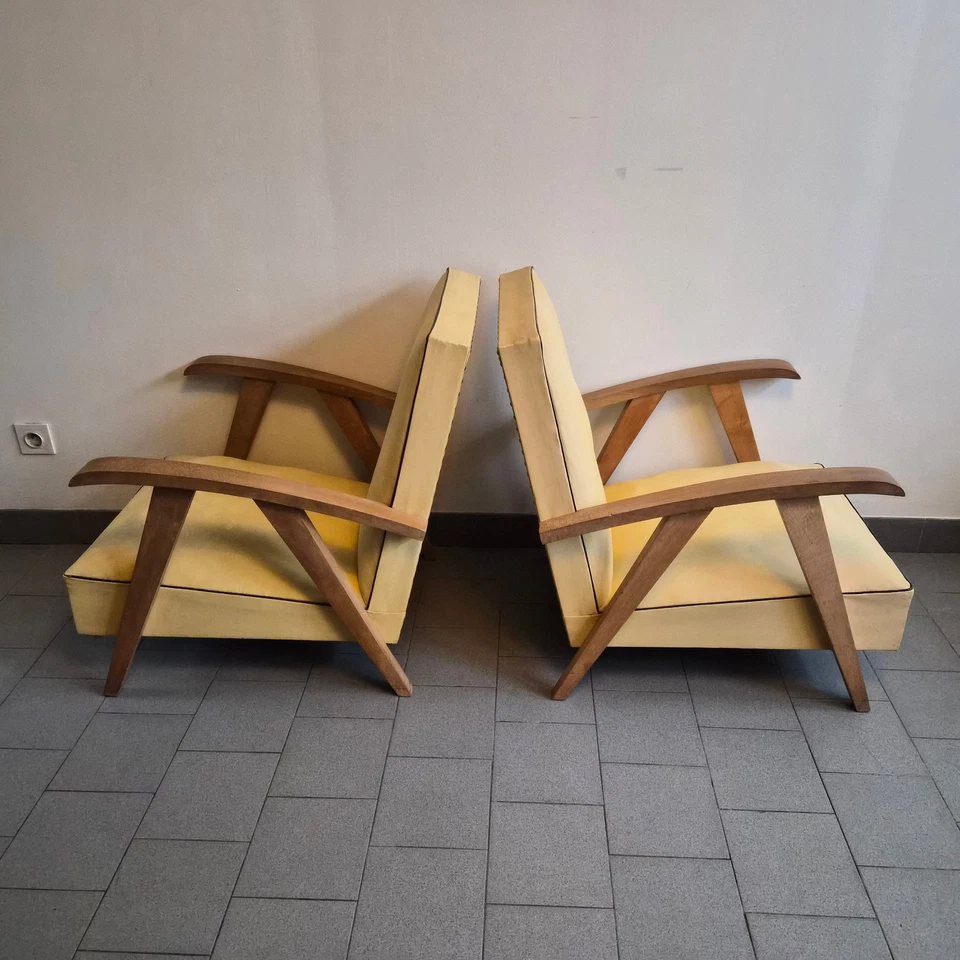 PAIRE DE FAUTEUILS VINTAGE 1950 PIEDS COMPAS HETRE & SKAI JAUNE 50S ROCKABILLY - Photo 2/4