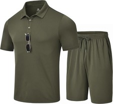 2-PC MED Polo Shirt, Shorts Tracksuit Set Mens Summer Olive Green Athletic Dry