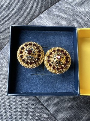 Vintage Gold Tone Red Rhinestone Filigree Dome Earrings 