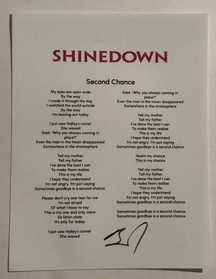 BRENT SMITH SIGNED LYRIC SHEET AUTOGRAPHED SHINEDOWN BAND LEAD SINGER COA