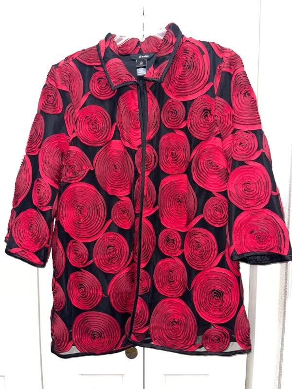 ALI MILES Black & Red Jacket With Textured Circle Print-Size Large-EUC