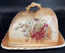 Antique Pink Roses Cheese Keeper With Wedge Lid Early 1900’s Beautiful Condition