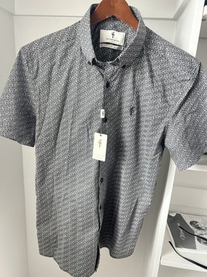 Father Sons Stretch Slim Fit Geometric Button-Up Shirt L Black White