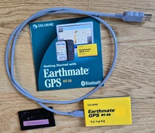 DeLorme Earthmate GPS Receiver Model BT-20, manual, USB cable, spare battery