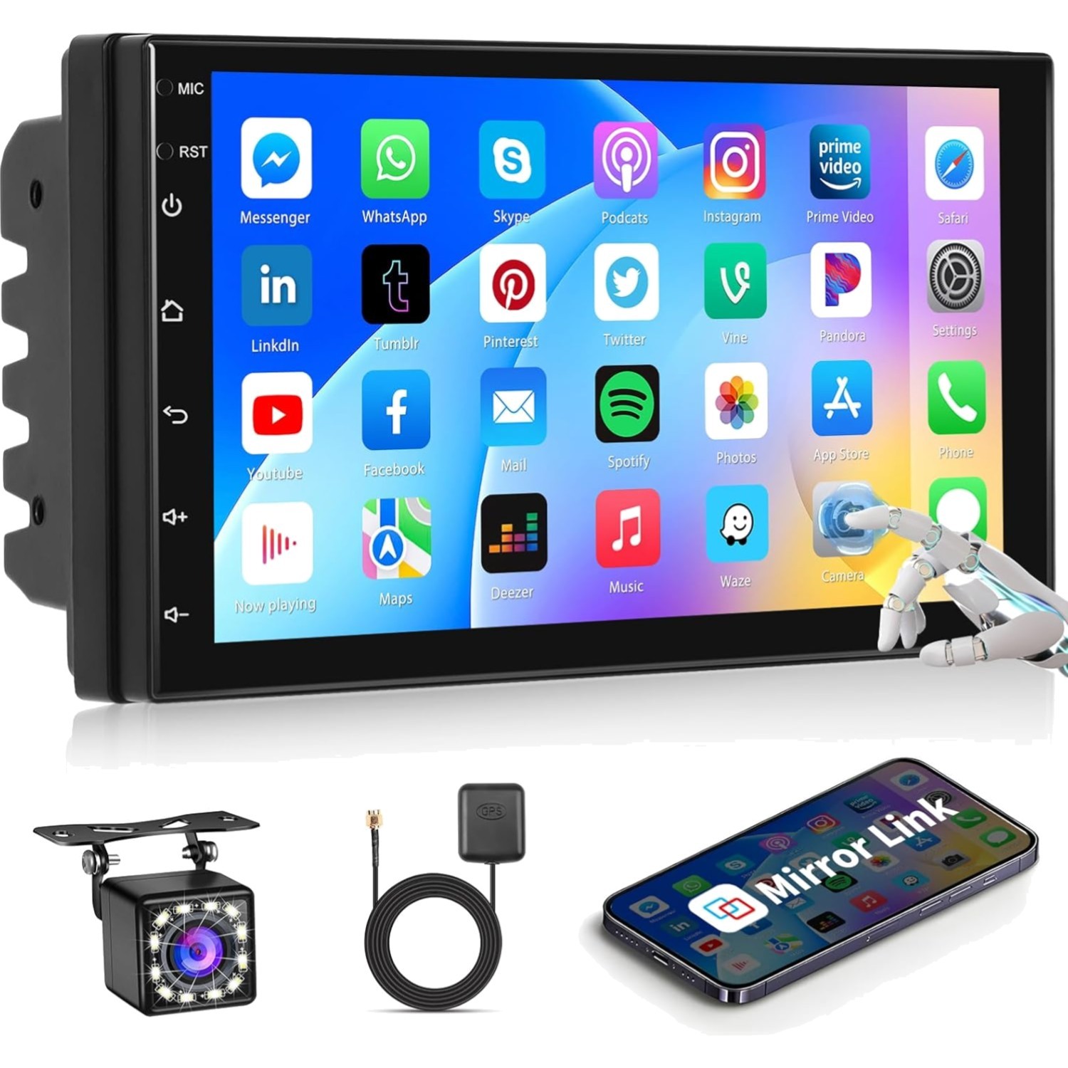 Double Din Car Stereo Android 13 7 Inch Touchscreen GPS Back