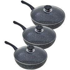 Set 3 Padelle Pietra Lavica Antiaderenti con Coperchi 20-24-28