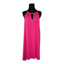 Michael Kors Women Midi Dress Fuscia Halter Neck Asym Hem Gold Trim Sz Med NWT