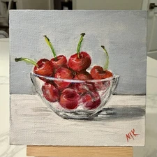 Mini Cherries In Glass Still Life Original  Painting on Canvas 4x4 – Kitchen Art