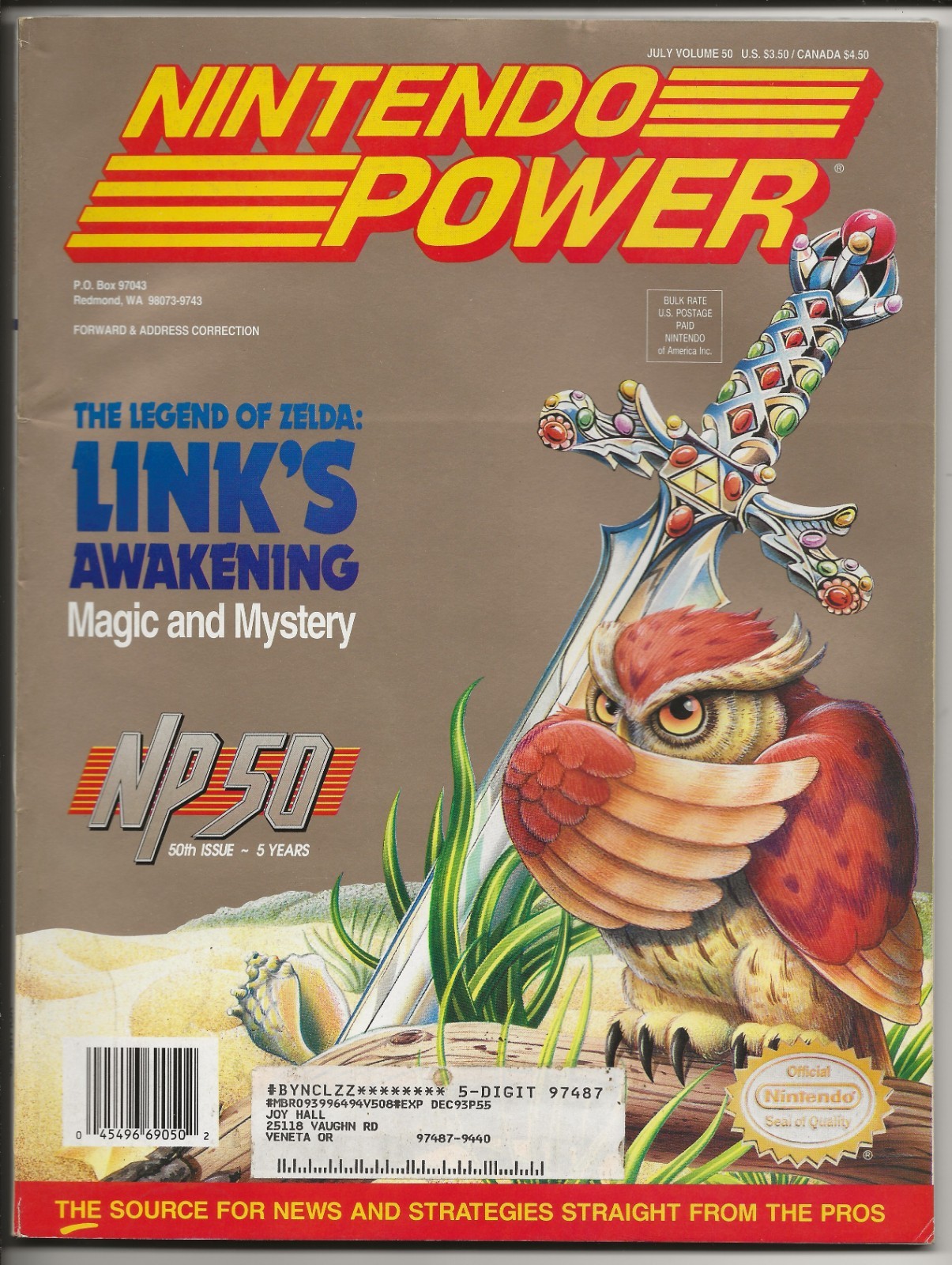 Nintendo Power #50 Legend of Zelda: Link's Awakening w/poster, tattoos & cards