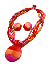 Boho Necklace Clip Earring Set Tropical Sunset Wood Beads Beach Coastal