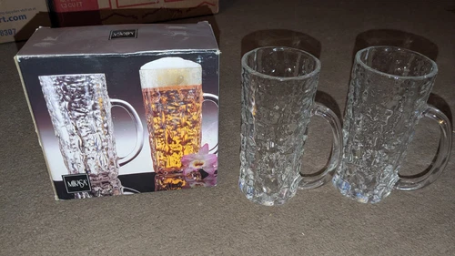 2 Mikasa Frostfire Rippled Clear Crystal Glass Tall Mugs New In Box