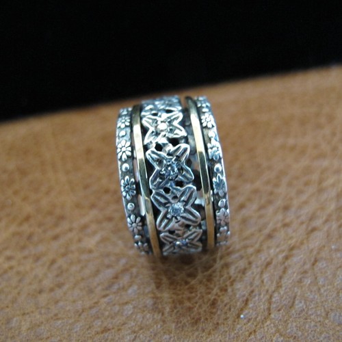 Israel PZ Sterling Silver 14KT Spinel Wide Multi Band Spinner Ring SZ 10 C673 - Picture 5 of 7