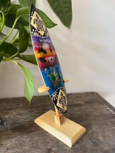 Hawaiian Hand Made 8" Carved Wood Surfboard w/ Display Stand Honu Turtle Tribal - Picture 2 of 6