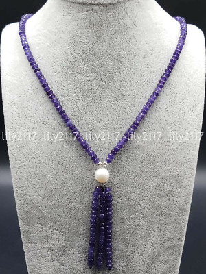 Faceted 2x4mm Amethyst Gemstone 9-10mm White Akoya Pearl Pendant Necklace 18''