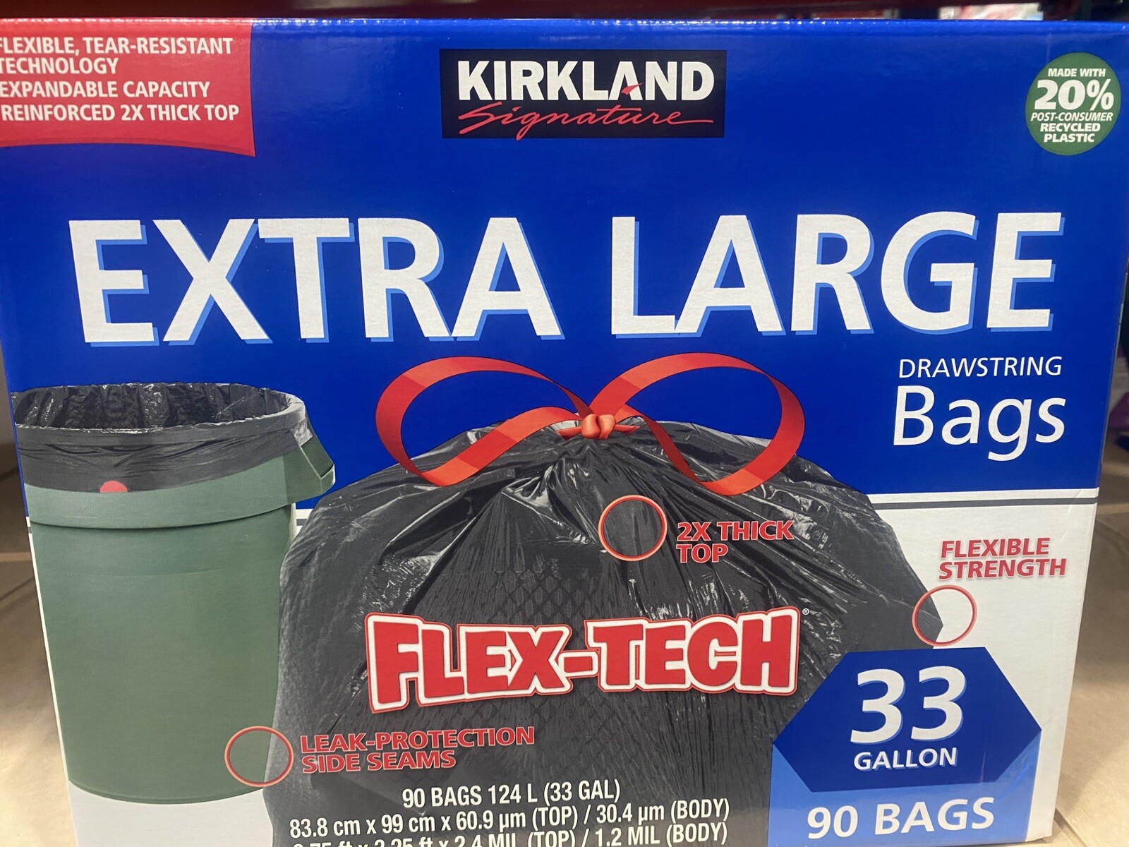 Kirkland Signature Flex-tech 33 Gallon Trash Bag, 90count, Drawstring 1.2 Mil