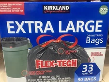 Kirkland Signature Flex-tech 33 Gallon Trash Bag, 90count, Drawstring 1.2 Mil